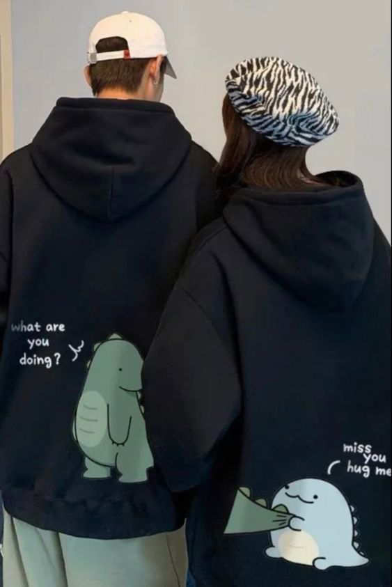 Matching Dino Hoodies Couple, Matching Couple Pajamas Aesthetic, Matching Couple Things Aesthetic, Couple Sweatshirts Aesthetic, Matching Clothes Couple Aesthetic, Matching Pjs For Couples Aesthetic, Couple Hoodies Aesthetic, Matching Things For Couple, Couple Pajamas Aesthetic