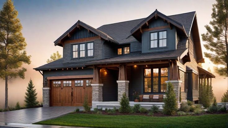 a large house with two garages and lots of windows