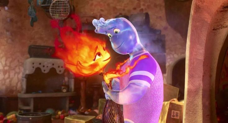 an animated character holding a glass in front of a fire