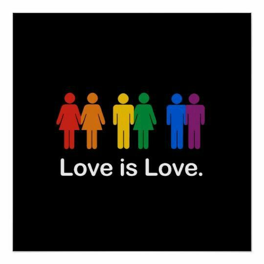 a poster with the words love is love in rainbows and red on black background