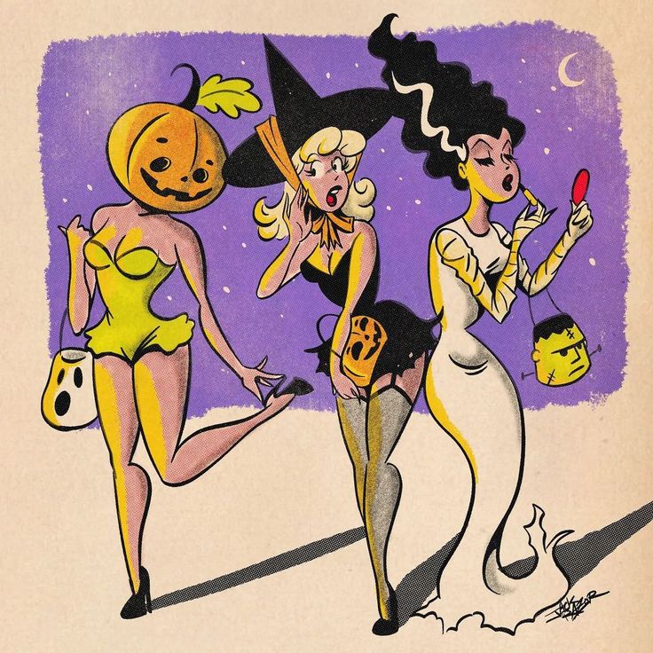 three women dressed up as witches and pumpkins