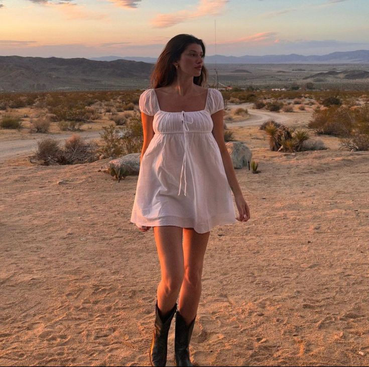 White Sundress Outfit, Angelcore Fashion, Botas Outfit, Madeleine Rose, Sundress Outfit, Dresses With Cowboy Boots, Beautiful Photoshoot Ideas, Dress Aesthetic, Maid Dress