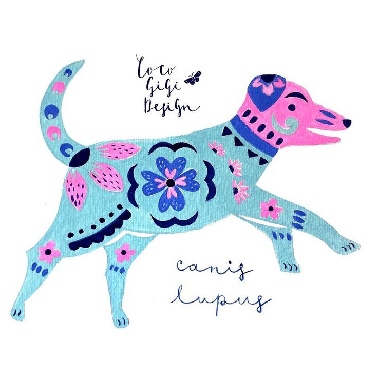 a drawing of a blue dog with pink and blue flowers on it's body