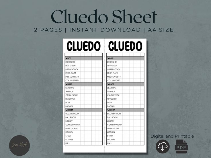 a poster with the words cluedo sheet in black and white, on a gray background