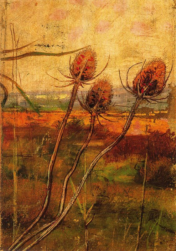 a painting of some kind of plant in the middle of an open field with grass and trees