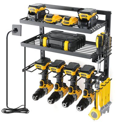 two shelves with tools and one shelf holding drillers, screwdrivers and other items