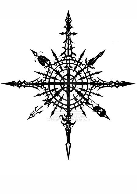 a black and white drawing of a snowflake with spikes on it's side