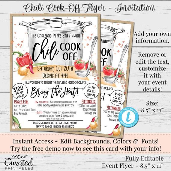 two flyers for the chili cook off event with text and images on them, including an image