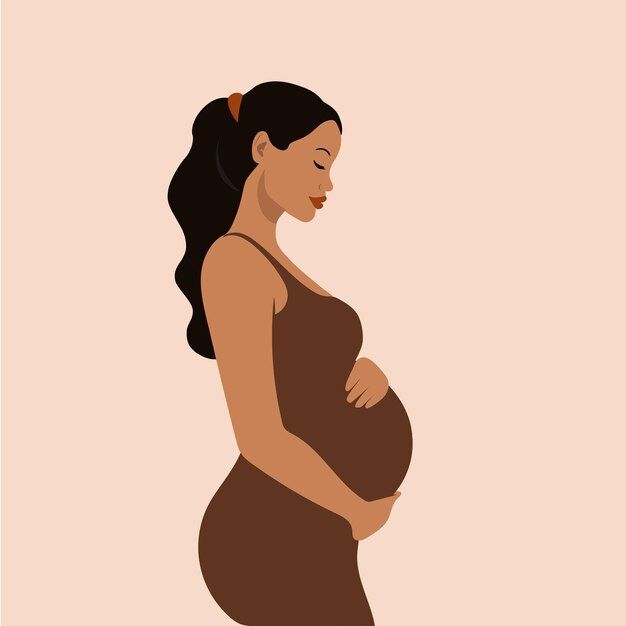 a pregnant woman in a brown dress with her hand on her belly, looking down