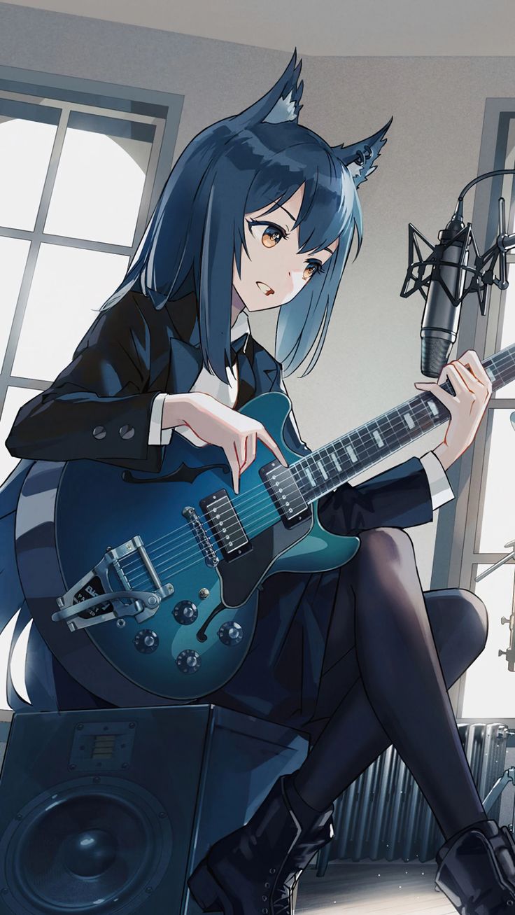 a girl with blue hair is playing an electric guitar