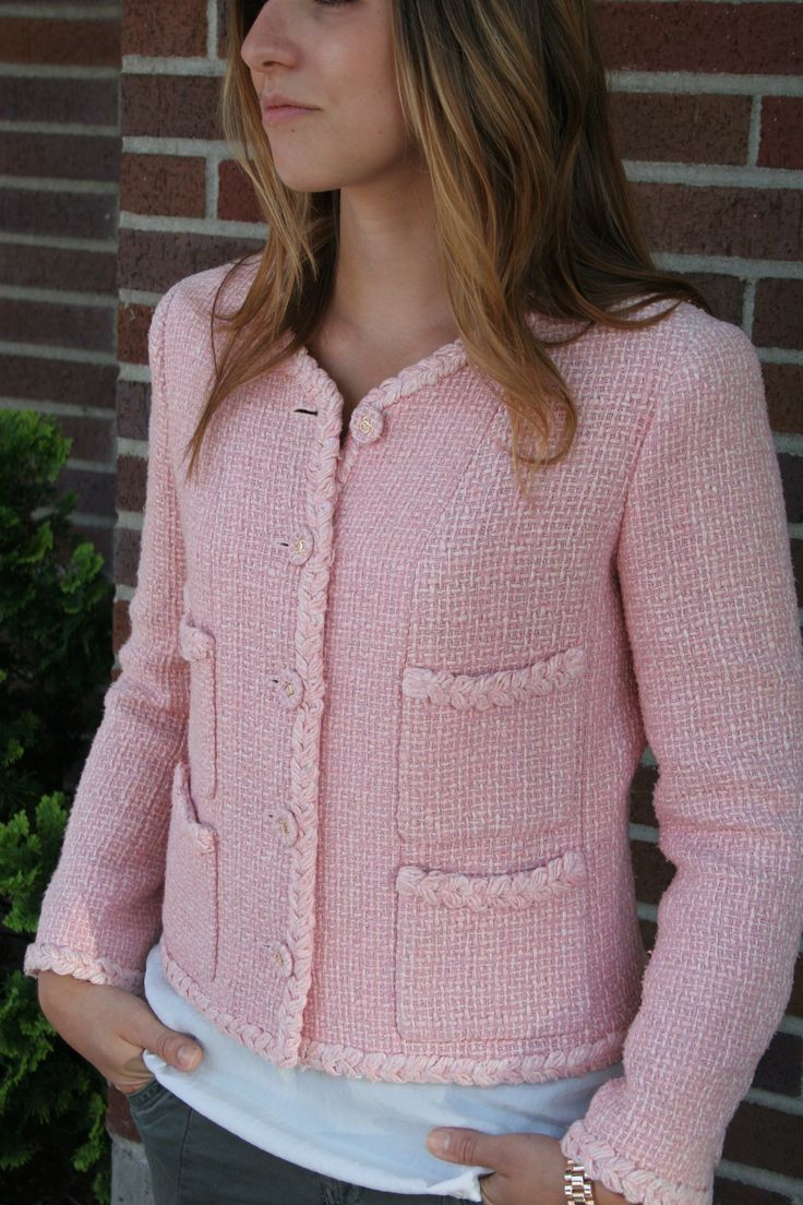 Chanel Pink Jacket   www.recycledchicboutique.com Chanel Jacket Outfit, Chanel Jacket Trims, Chanel Blazer, Chanel Style Jacket, Jacket Ideas, Pretty Crochet, Chanel Outfit, Chanel Pink, Chanel Dress