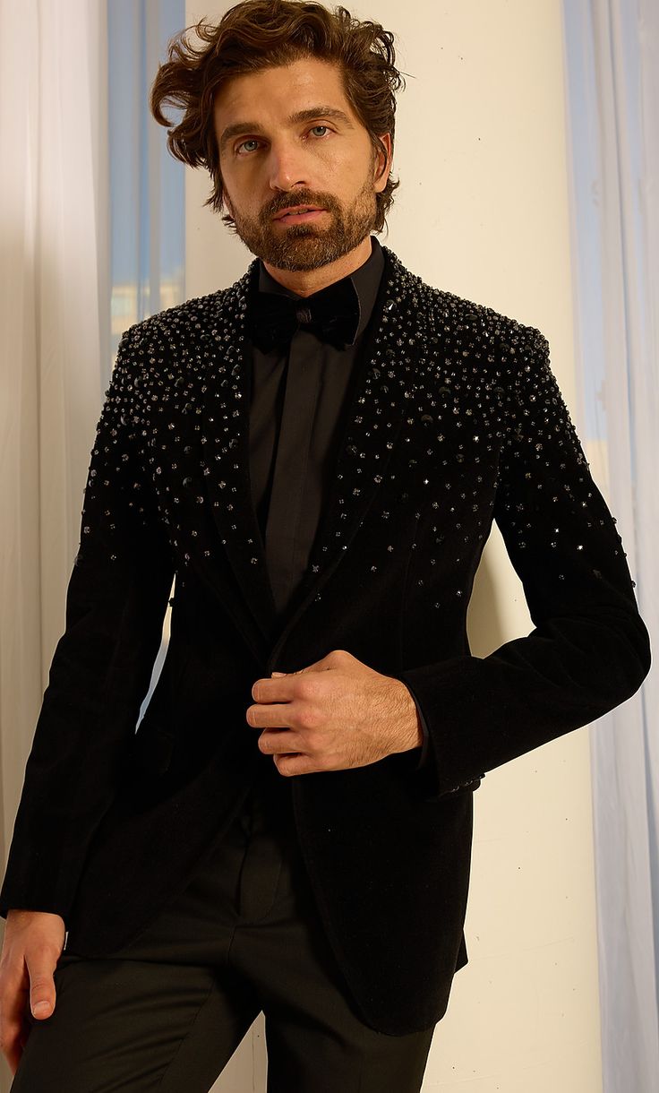 Hand Beaded Suiting | Couture Menswear 3 Piece Suit Men Wedding, Shawl Lapel Suit, Best Wedding Suits For Men, Couture Menswear, Suit For Men Wedding, Designer Blazers For Men, Wedding Dresses Men Indian, Blazer Outfits Men, Suit Collar