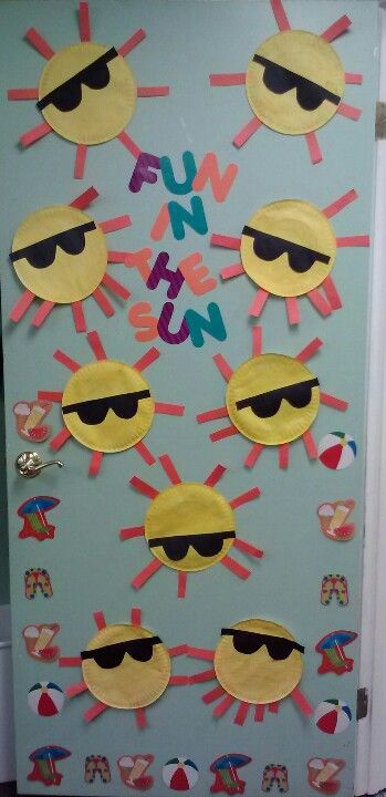 a door decorated with paper and sunglasses