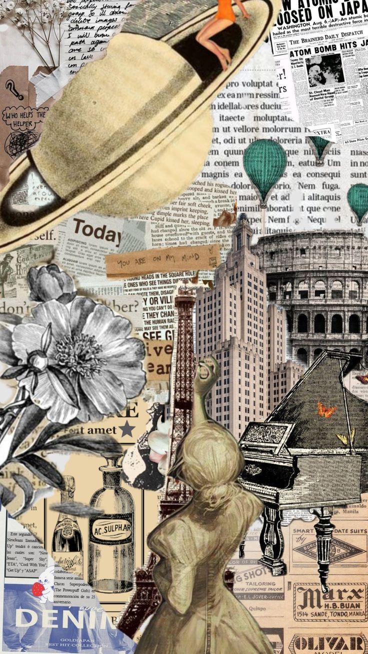 a collage of different images including a woman in a hat and other things on the page