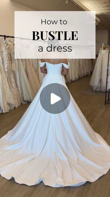 a woman standing in front of a dress with the words how to bustle a dress