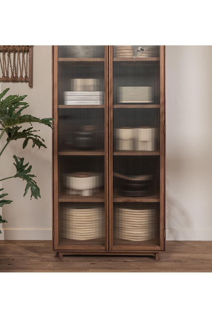 a wooden cabinet with glass doors and wicker baskets on the bottom shelf next to a potted plant