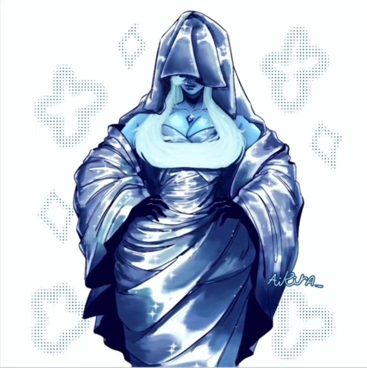 a drawing of a woman dressed in blue and wearing a robe with her hands on her head