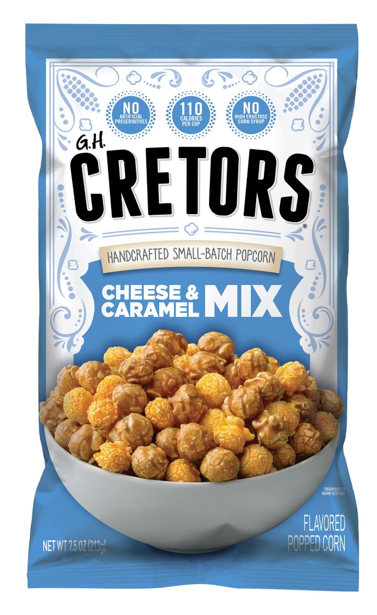 a bag of cretors cheese and caramel mix on a white background with blue border