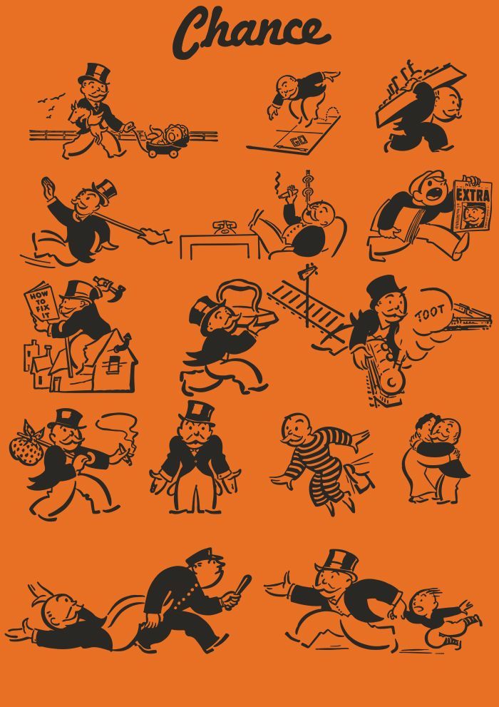 an orange poster with black and white cartoon characters on it's front cover, which reads chance