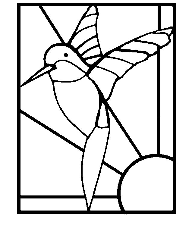 a black and white image of a hummingbird in a stained glass window with the sun behind it