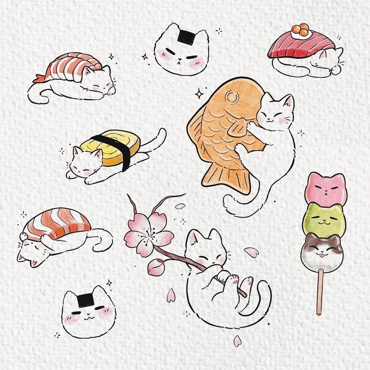 an image of cats and fish on a sticker sheet with watercolor paint effect