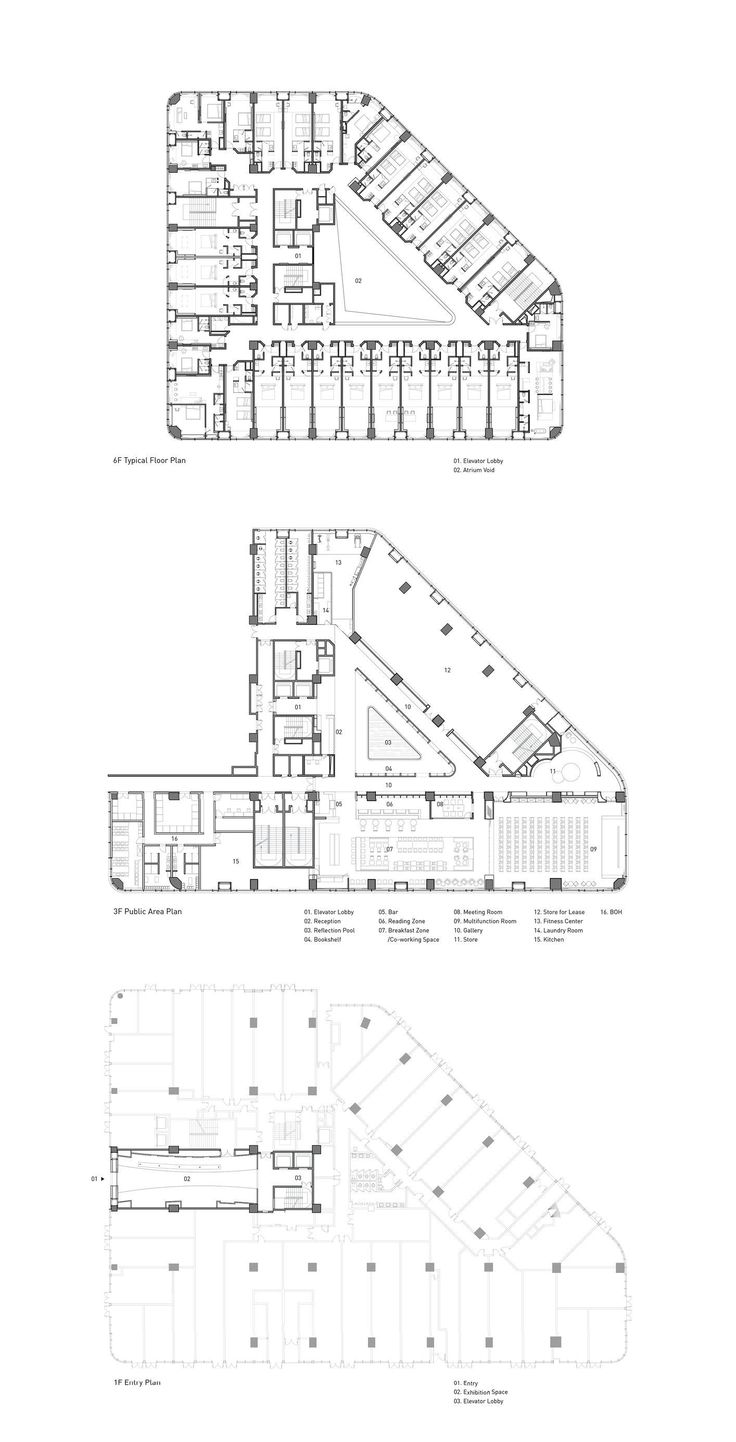 the plans and sections for an office building with multiple levels, including one floor plan