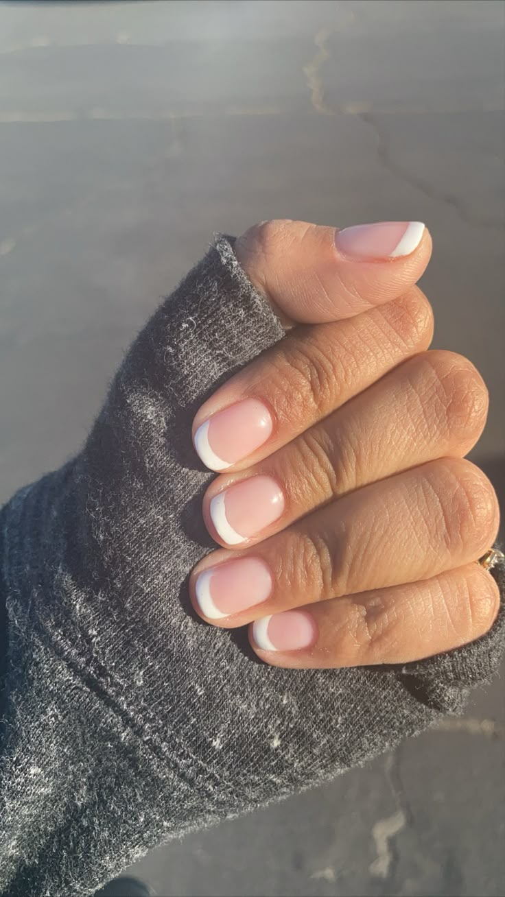 French Gel Short Nails, Gel Manicure Short Nails French Tip, French On Very Short Nails, Short Nails With French Manicure, Sns French Manicure Short, Gel French Tip Natural Nails, Gel Polish French Manicure Short Nails, Gel French Nails Short, French Manicure With Gel Polish