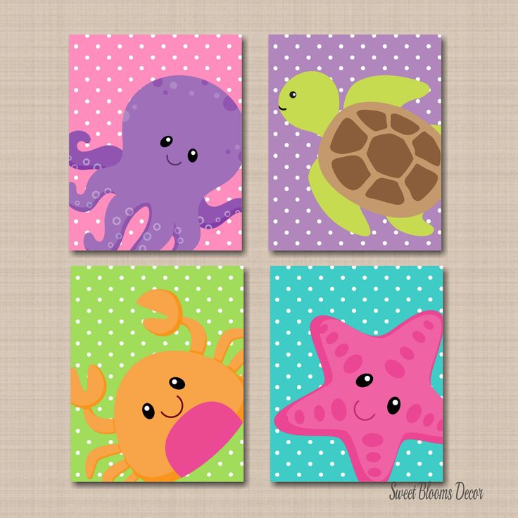 four square paintings with sea animals and octopuses on polka dotty paper, each featuring an