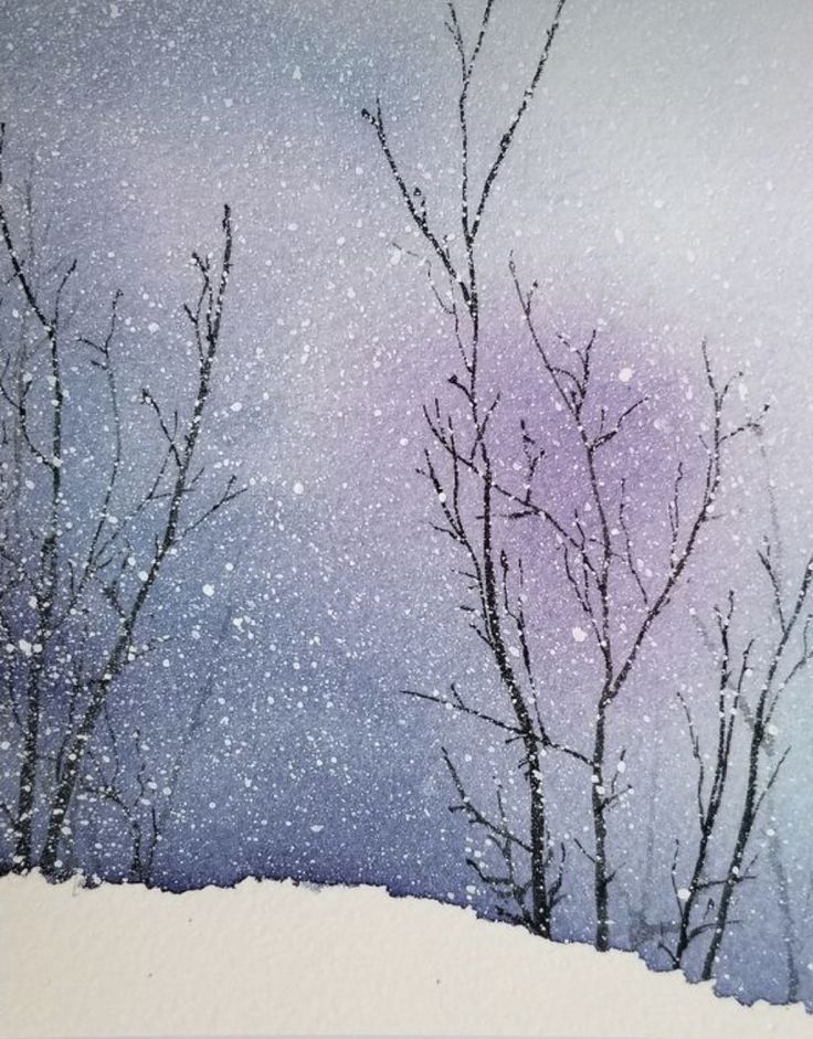 a painting of trees in the snow with purple and blue sky behind them, as well as white clouds