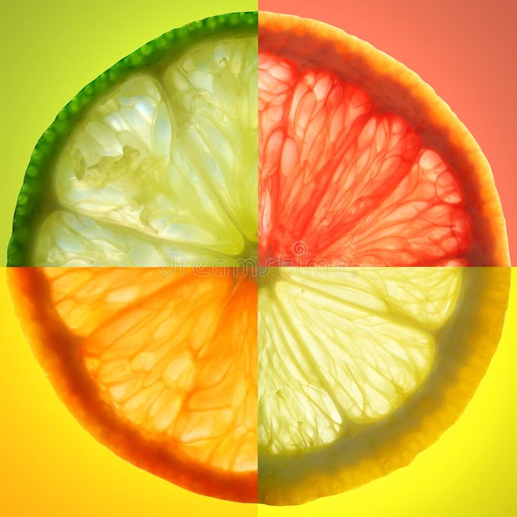 a slice of fruit is shown in three different colors, including oranges and lemons