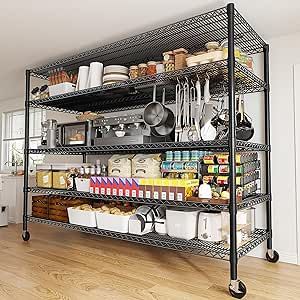 a large metal rack filled with lots of cooking utensils and other kitchen items