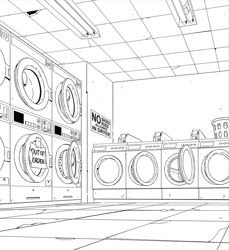 a line drawing of a laundry room with washers and dryers in the background