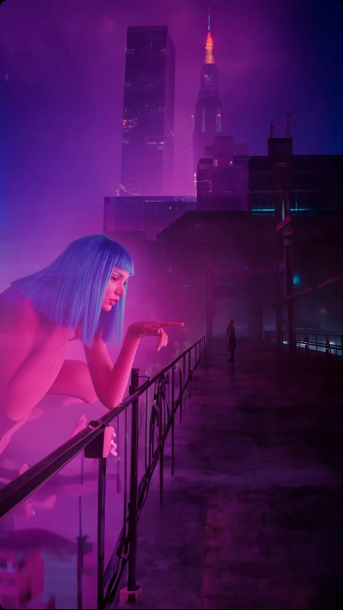 a woman with blue hair is leaning on a railing in front of a city skyline