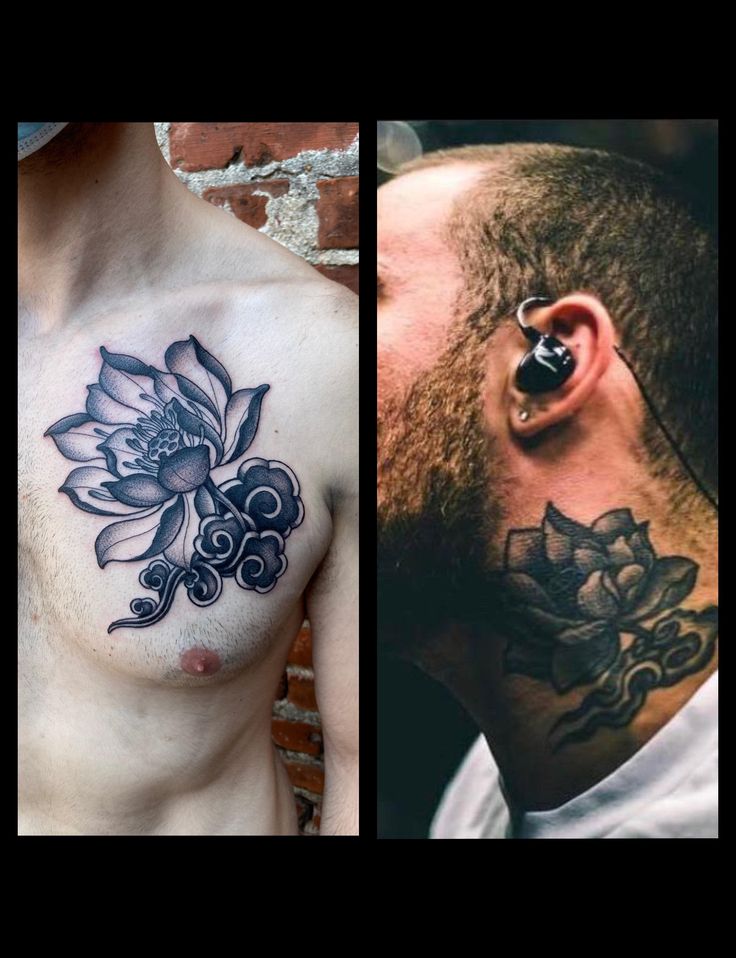 two pictures one with a man's chest and the other has a flower tattoo on it