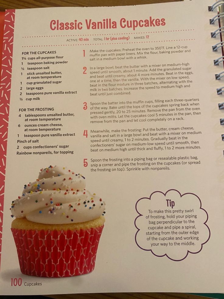 the recipe book is open to show how to make cupcakes