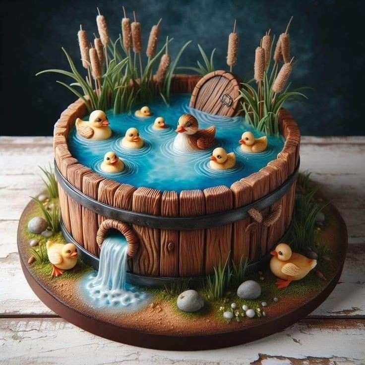 there is a cake with ducks in the water and grass around it on top of a table