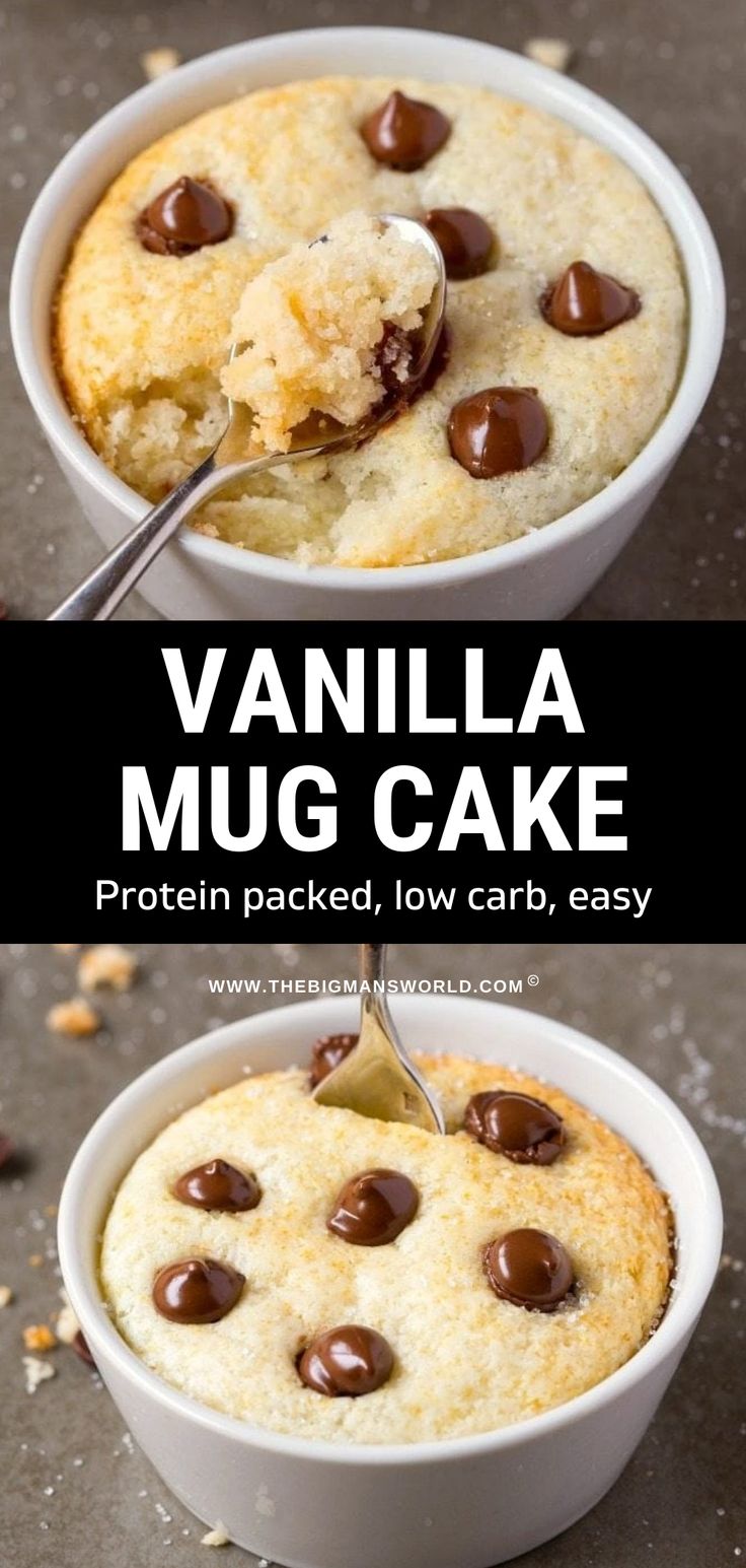 two bowls filled with vanilla mug cake and one has chocolate chips on top, the other has