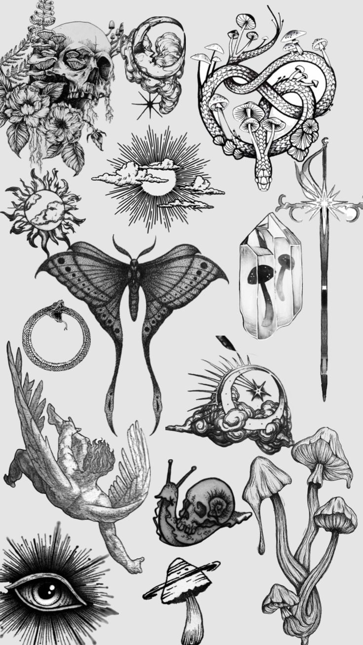 an ink drawing of different types of tattoos and their meanings, including the eyeball