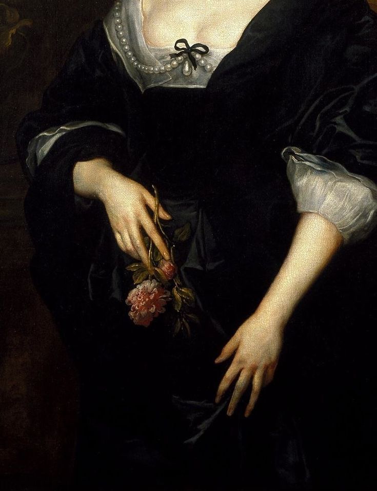 a painting of a woman in a black dress holding a flower and wearing pearls on her head