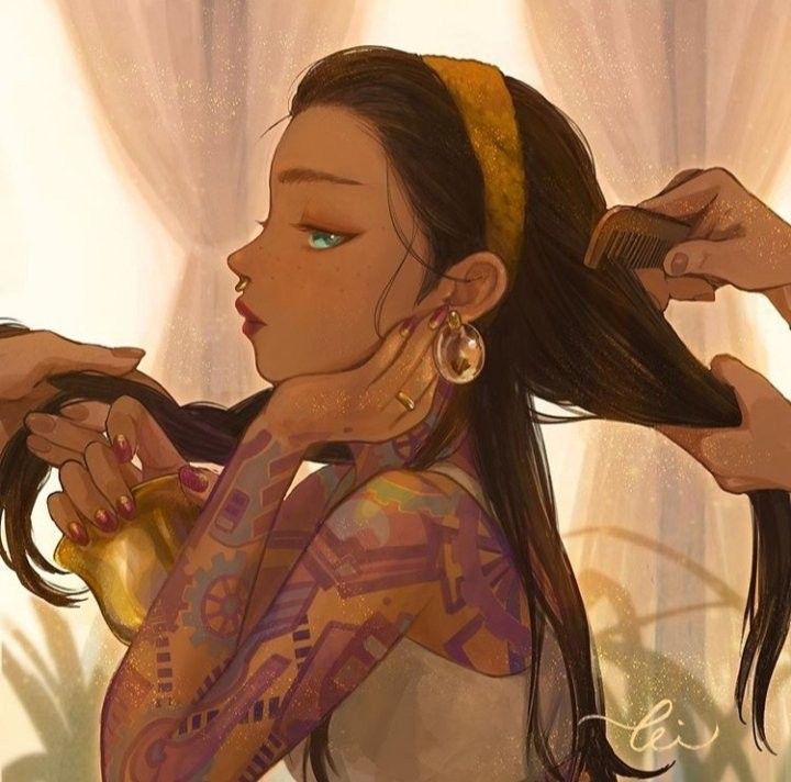 a painting of a woman with tattoos on her arms and arm, holding a cup in front of her face