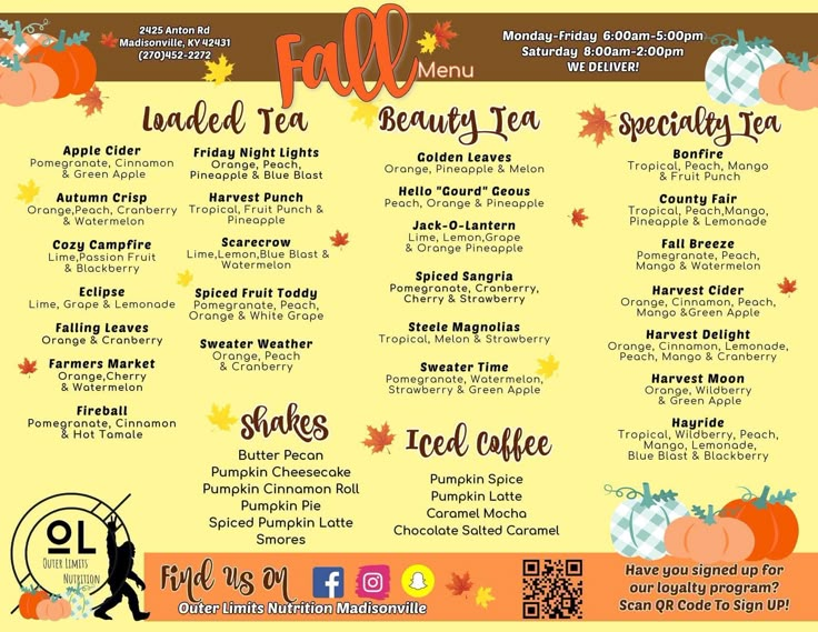 an autumn tea party menu with pumpkins, leaves and other things to eat on it