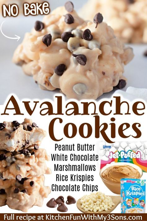 no bake avalanche cookies with peanut butter, white chocolate and marshmallows