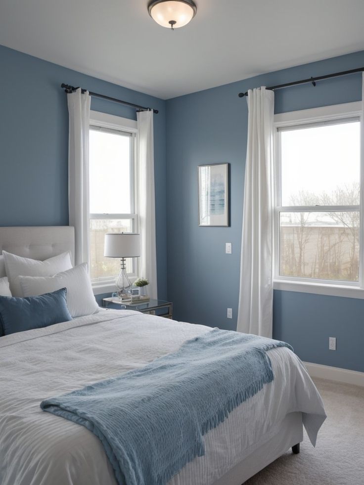 a bedroom with blue walls and white bedding in the corner, along with two windows