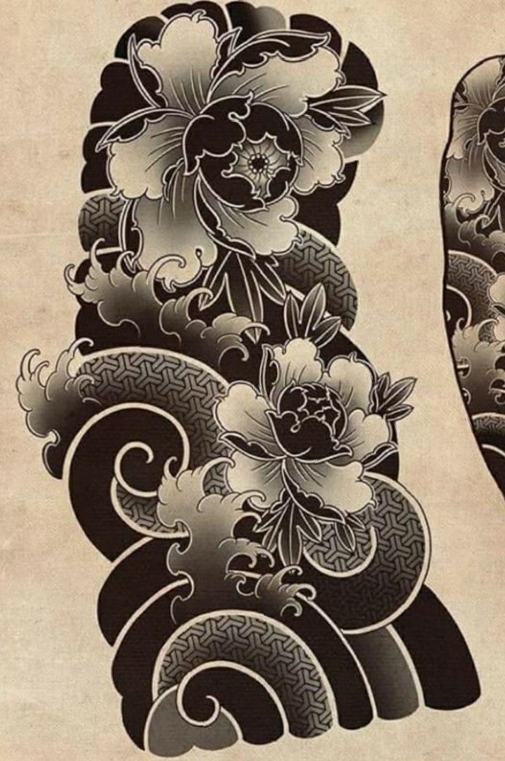 Japanese Tattoo Flower, Japanese Background Tattoo, Tato Irezumi, Japanese Cloud Tattoo, Hannya Maske, Japanese Wave Tattoos, Japanese Leg Tattoo, Tattoo Japan, Geometric Tattoo Sleeve Designs