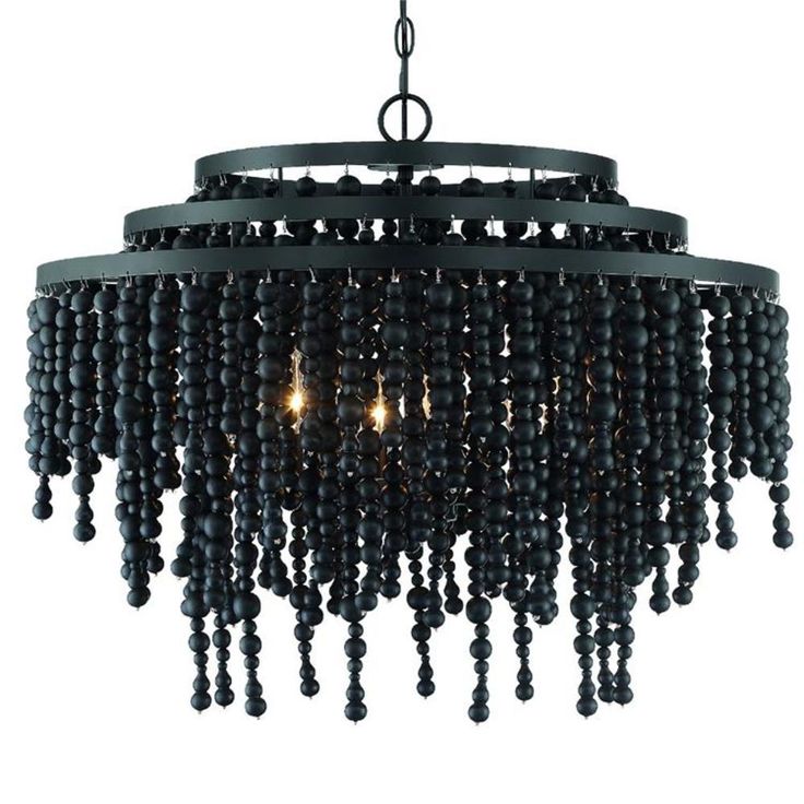 a black chandelier with beads hanging from it's center circle and two lights on each side