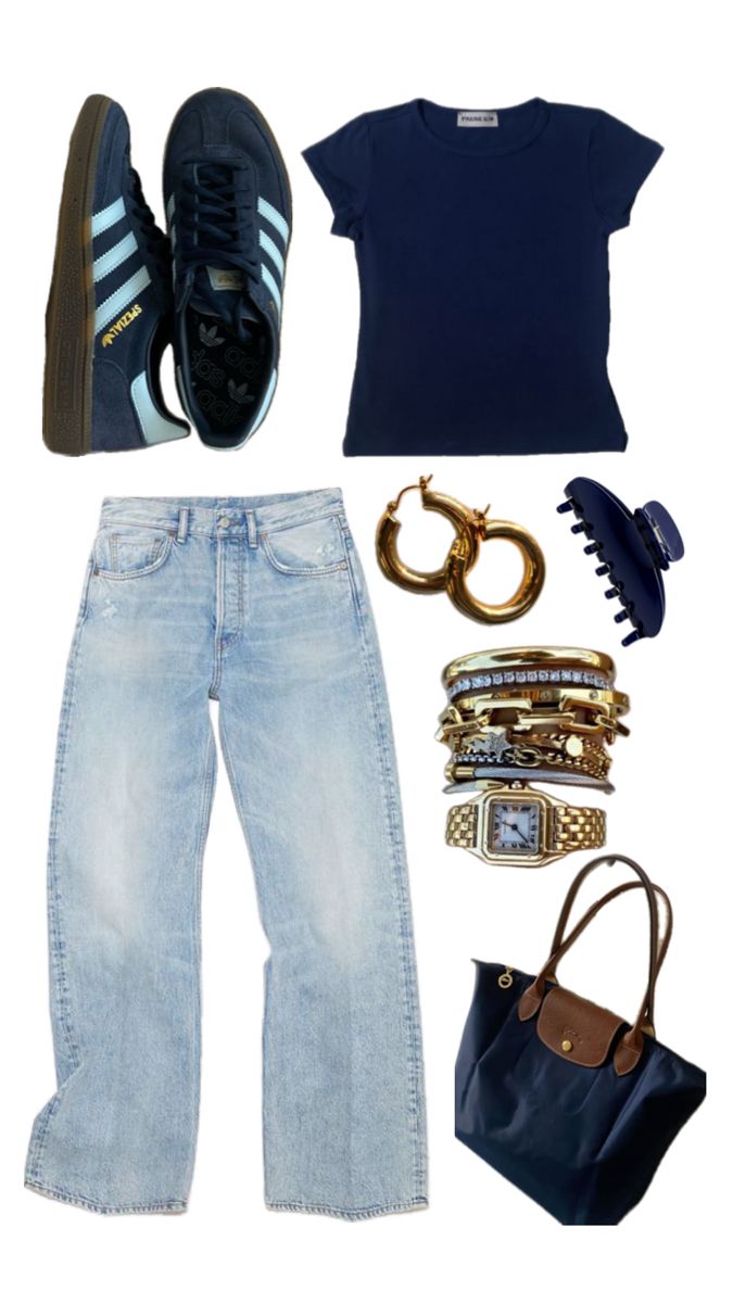 #Longchamp #spezial #navy #basic #blue #cleangirlaesthetic #demure #hairclip #adidas #adidas Navy Spezials Outfit Ideas, Cute Outfits Blue Jeans, Adidas Special Outfits Women, Navy Sneakers Women Outfit, Navy Sambas Adidas Women Outfit, How To Style Adidas Spezial, Adidas Samba Navy Outfit, Navy Blue Spezial, What To Wear With Navy Blue Leggings