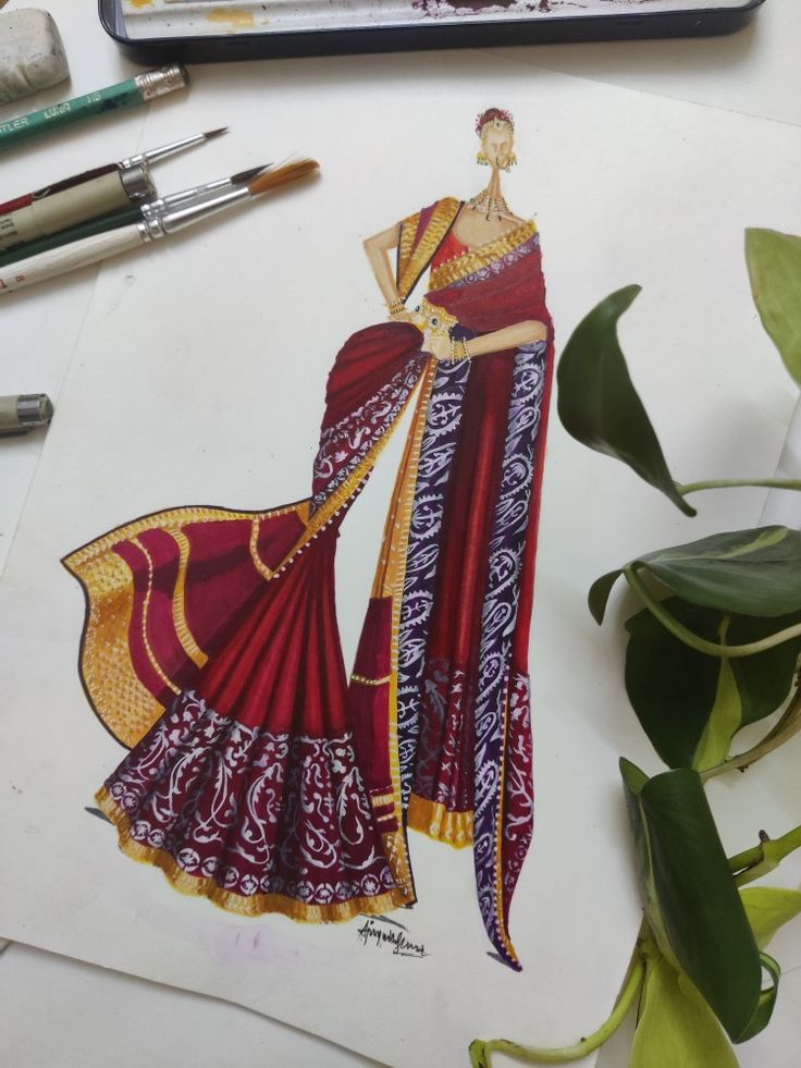 Fashion illustration hand painted mix media Indian Wear Illustration, Mix Media Illustration, Saree Illustration, Fashion Croquis, Croquis Fashion, Media Illustration, Mixed Media Illustration, Indian Bridal Wear, Illustration Fashion