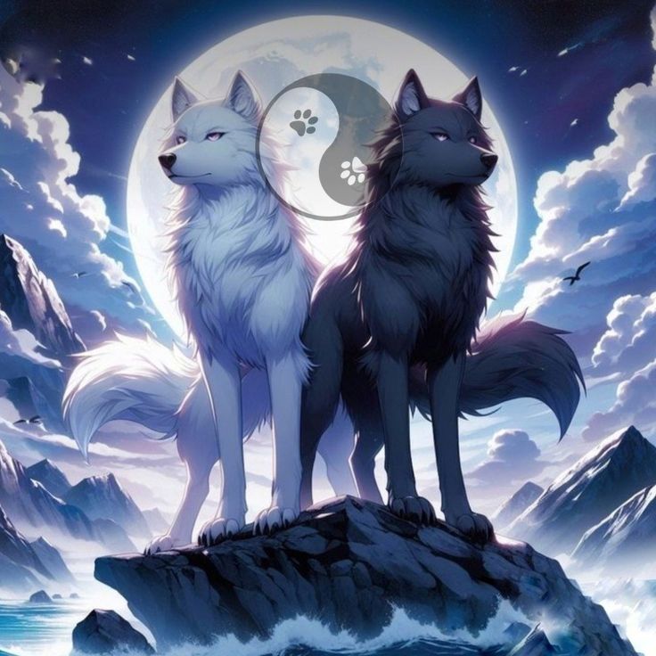 two wolfs standing on top of a rock in front of a full moon and mountains