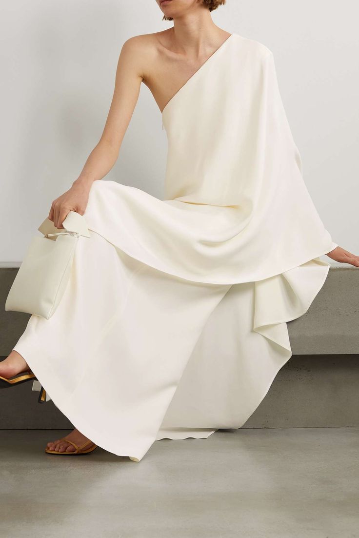 THE ROW Sparrow one-sleeve draped silk-cady gown | NET-A-PORTER White Off Shoulder Dress, Black Tie Attire, Fashion Silhouette, Minimalist Dresses, Minimal Outfit, Neutral Outfit, Elegant Outfit, Minimal Fashion, Long Maxi Dress