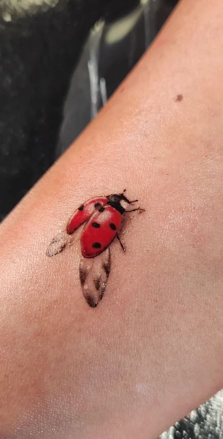 a ladybug tattoo on the leg of a woman